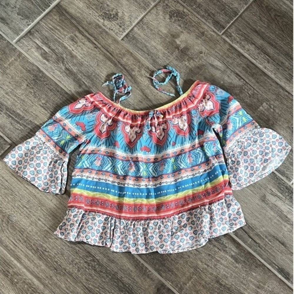 Limited Too Girls Colorful Print Off Shoulder Ruffle Bell Sleeve Boho Top Size 6